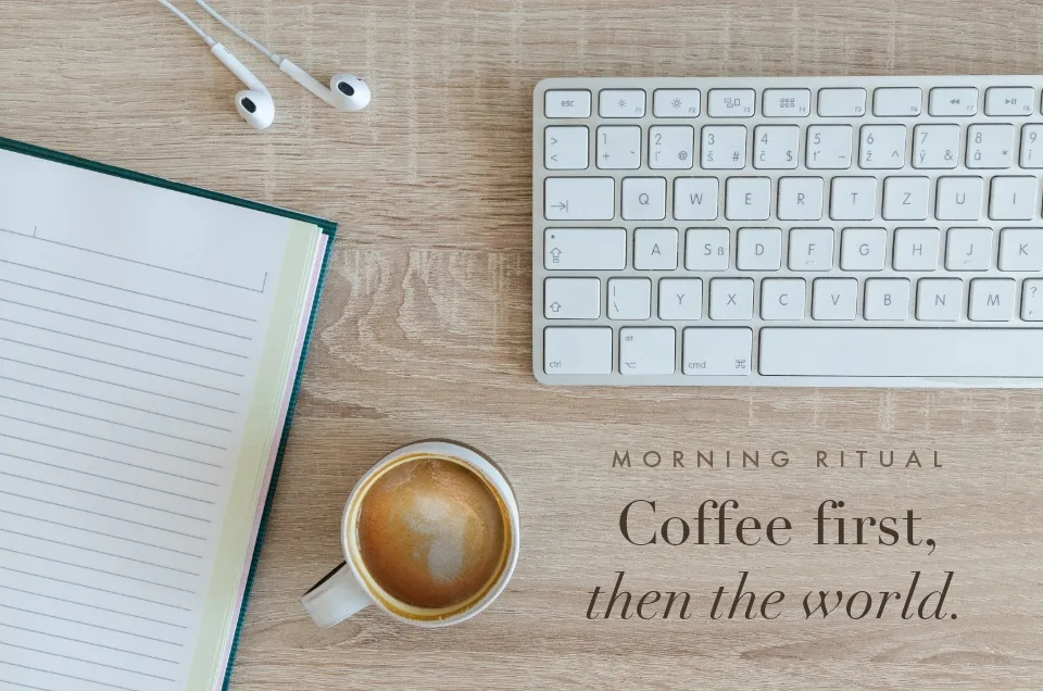 Quote overlay on a wooden desk photo with coffee, cleanly erased