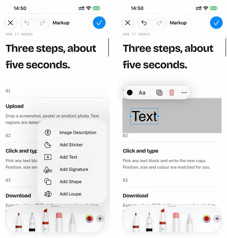 iPhone Photos Markup: the plus menu with Add Text and Add Shape, and a shape covering old words with a new text box on top